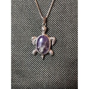 Amethyst Sea Turtle Pendant Necklace Stainless Steel Box Chain Purple Stone